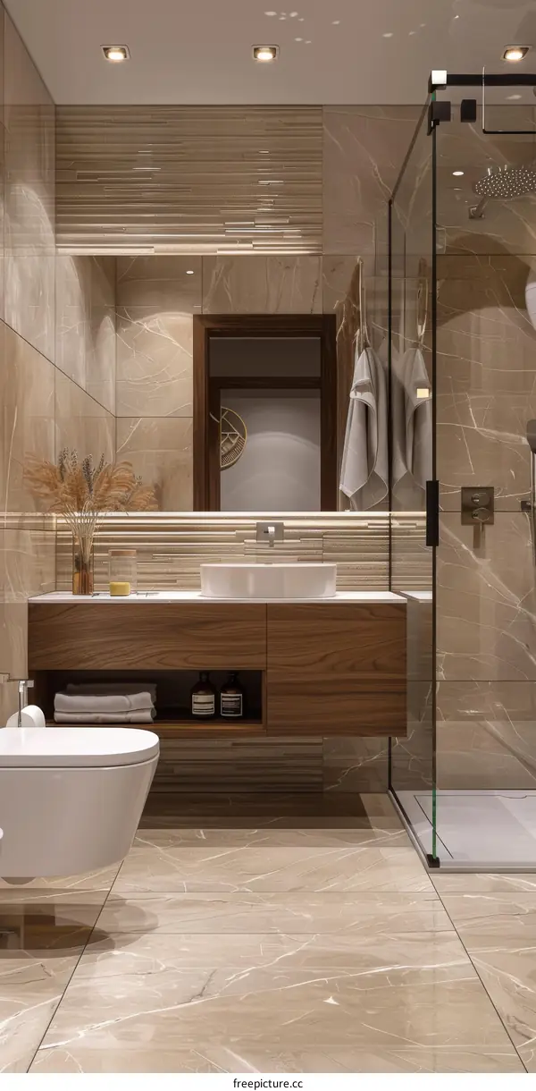 Modern Beige Bathroom Design with Wooden Cabinets