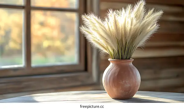 Autumnal Dried Flower Arrangement in Terracotta Vase by the Window