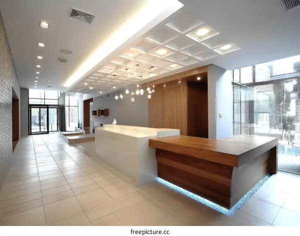 Modern Lobby Reception Area with Wooden Counter