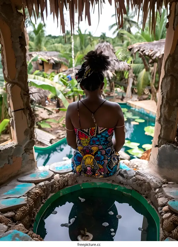 African Woman Sitting by the Pool in Tropical Jungle