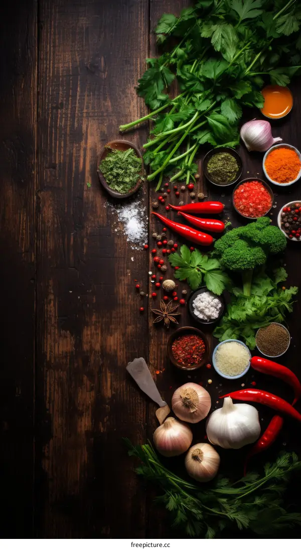 Various spices and herbs on a wooden background