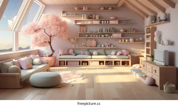Cozy Japanese living room with pink accents and large windows