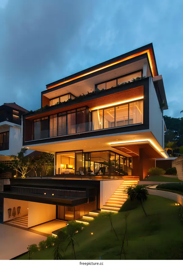 Modern Luxury House with Illuminated Exterior