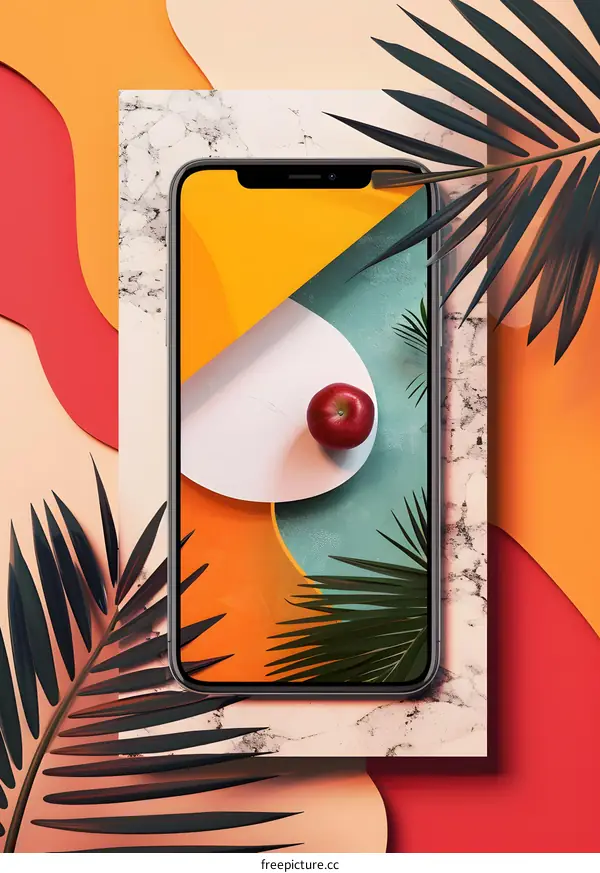 Minimalist Phone Mockup with Red Apple and Palm Leaves