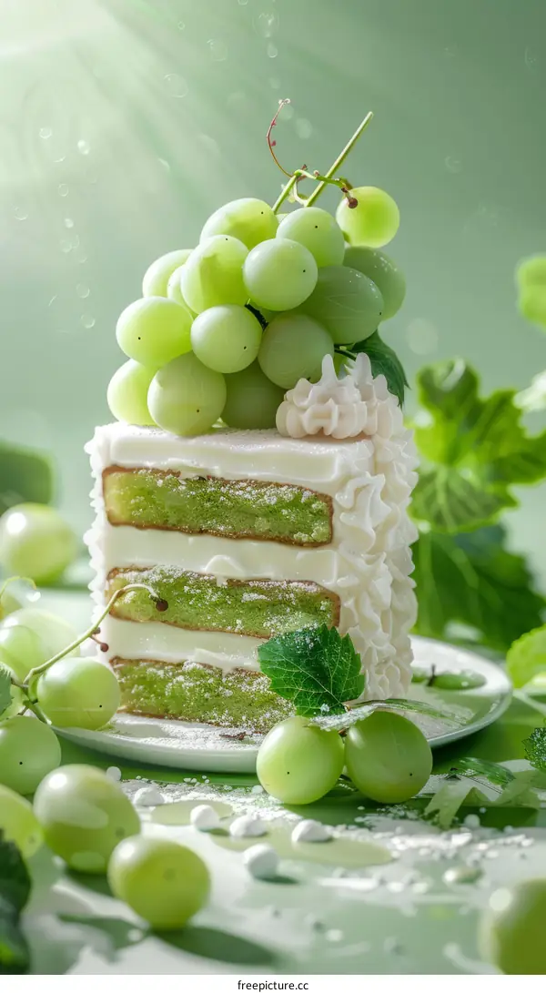 A green cake decorated with white frosting and green grapes.