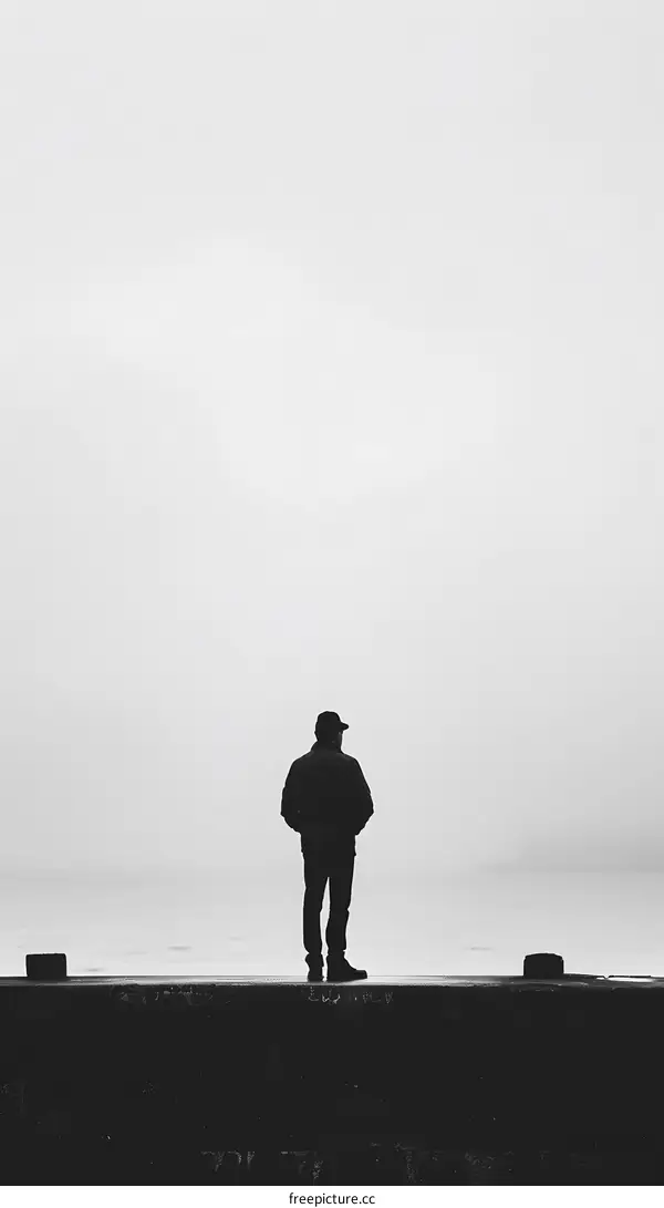 Silhouette of a Man on a Pier in Fog