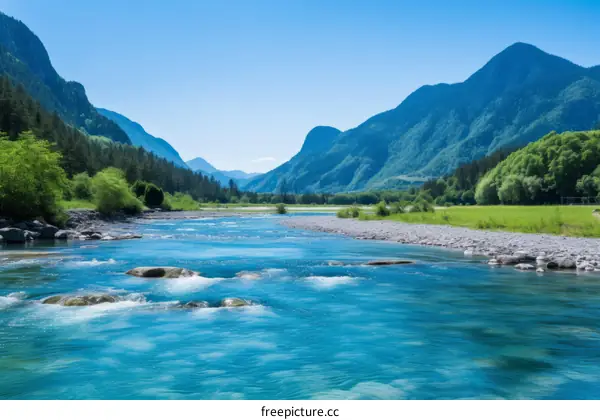 A river flowing through a valley with mountains in the distance