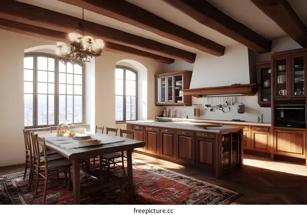 Modern Kitchen Interior Design with Wooden Beams