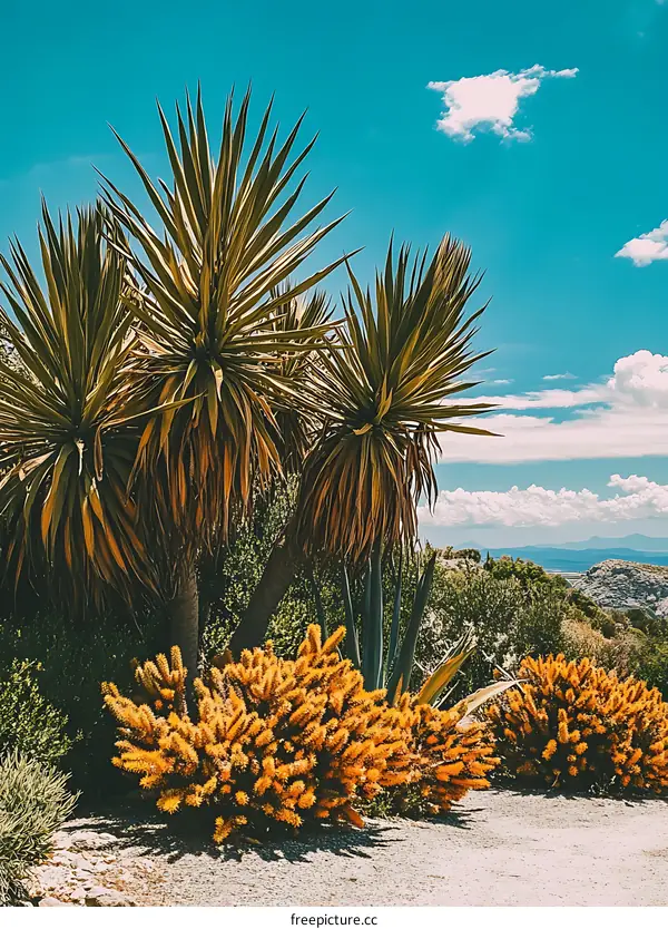 Tropical Plants and Blue Sky Landscape with Yellow Flowers