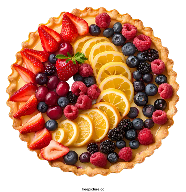 [Transparent Background PNG]A colorful fruit tart with strawberries, blueberries, raspberries, and lemon slices