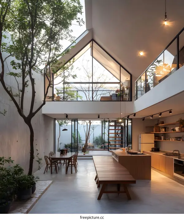 Modern Open Plan Kitchen and Dining Area with Large Glass Windows and Tree in Courtyard