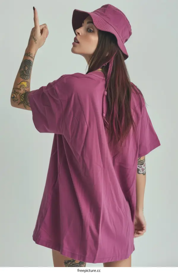 Young woman wearing oversized t-shirt and bucket hat