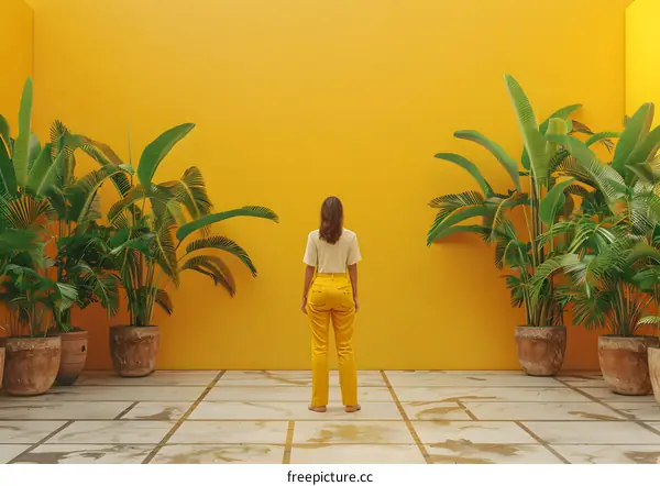 Woman in Yellow Pants Standing in Front of a Yellow Wall with Palm Trees