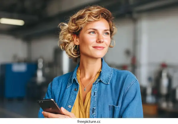 Woman in a Factory Setting with a Phone