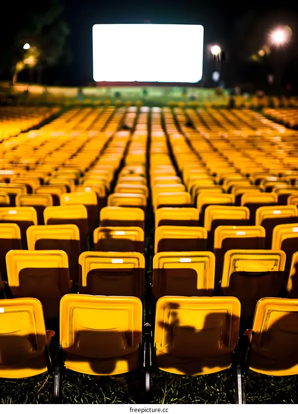 Empty Chairs in Front of a Big Screen at Night