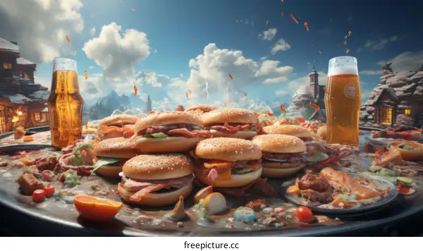 Table of Burgers and Beer with Stunning Mountain Views