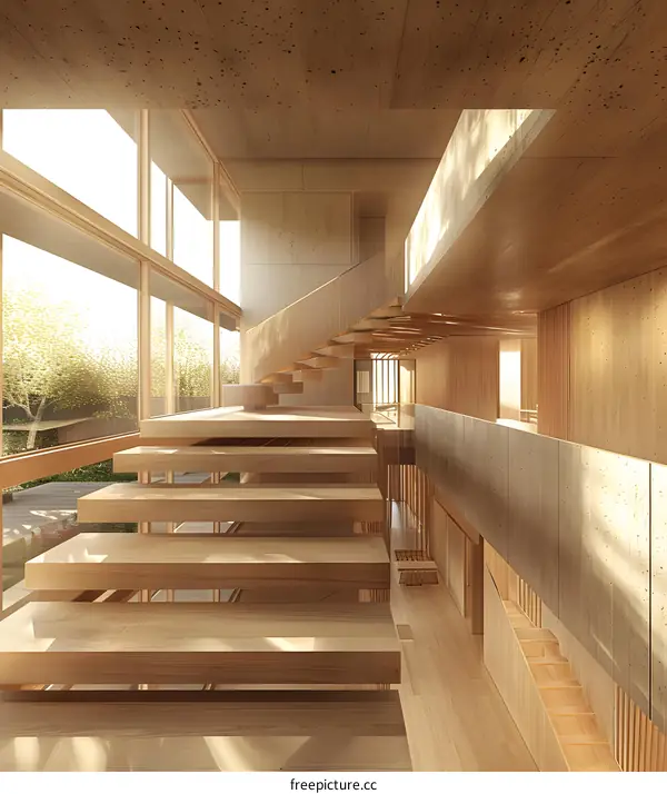 Modern Minimalist Interior Design Staircase with Wooden Steps and Concrete Walls