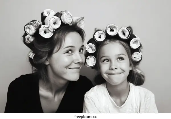Mother and Daughter with Vintage Hair Rollers