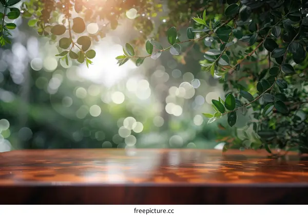 An empty wooden table with green leaves in the background