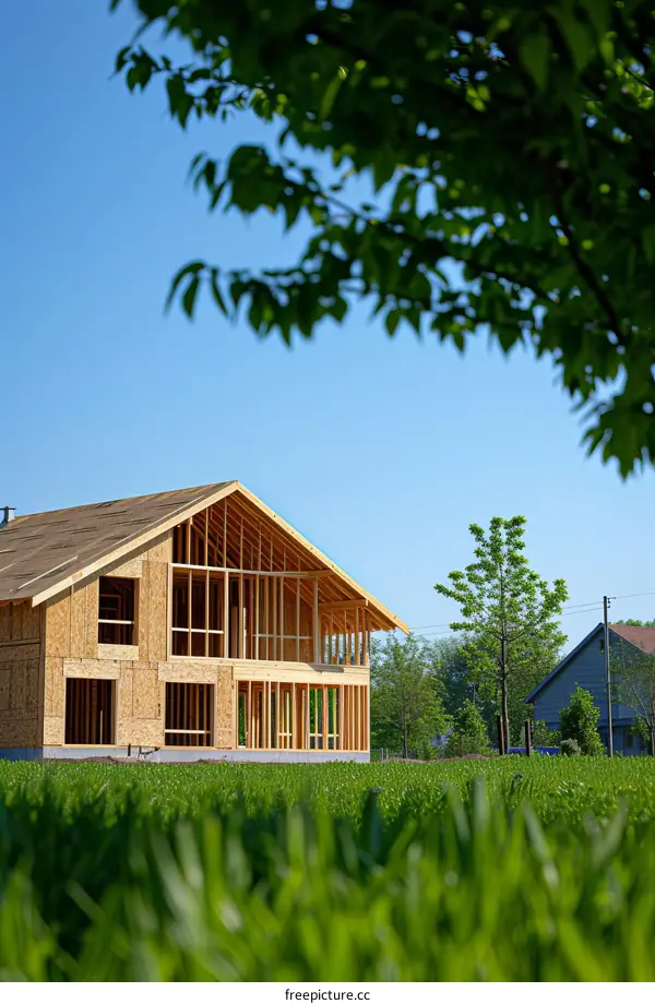 New House Under Construction with Green Field in Front