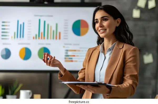 Businesswoman Giving a Presentation with Charts and Graphs