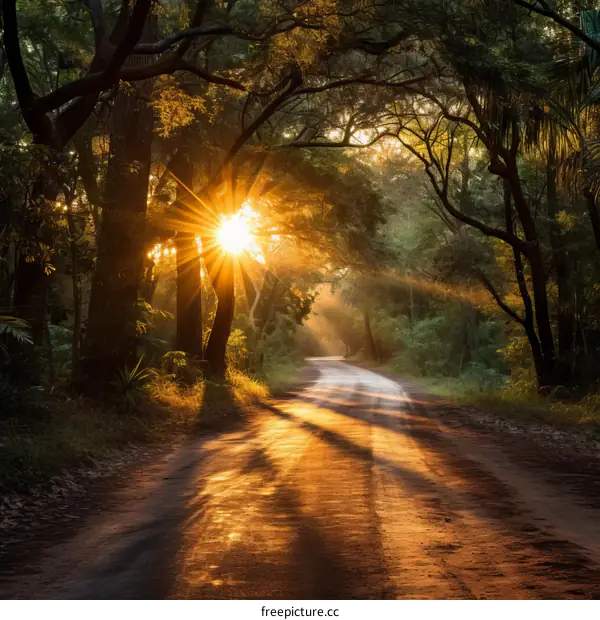 The sun shines through the forest