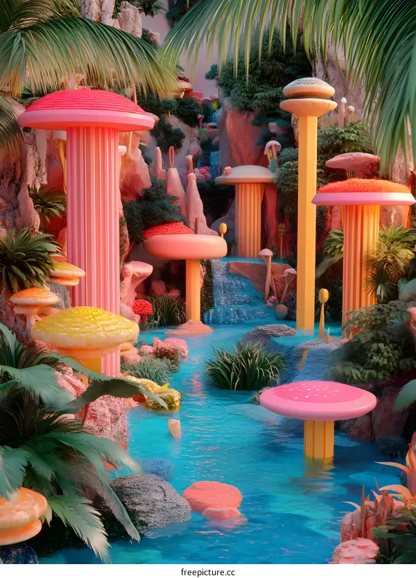 Fantasy Mushroom Forest With Stream