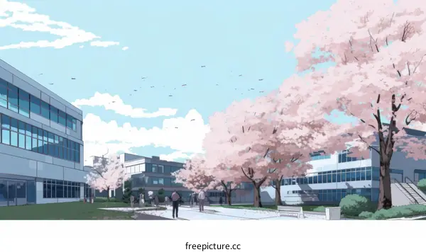 A wide shot of a modern city street with cherry blossom trees in the spring
