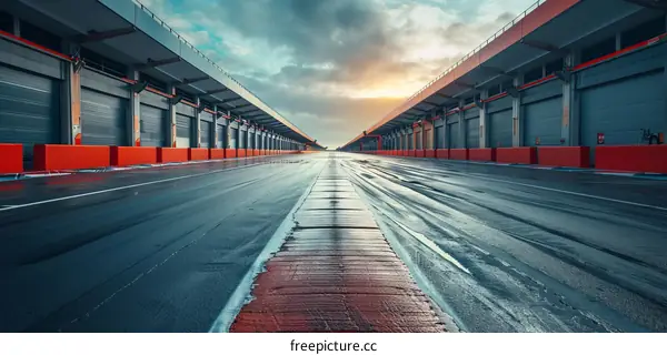 Empty Pit Lane of Formula One Racing Track with Garages on Both Sides
