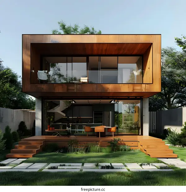 Modern Two Story Wooden House With Patio And Green Grass