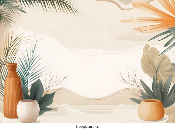 Tropical Plants and Pots on Abstract Background