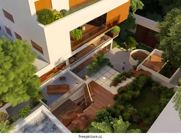 Modern Architectural Design With Courtyard And Lush Greenery