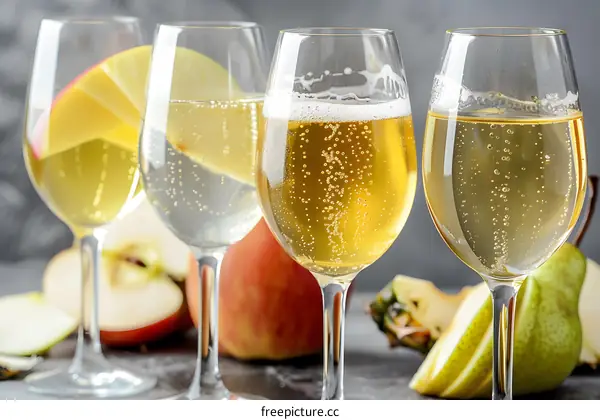 Apple and Pear Cider Glasses on Grey Surface