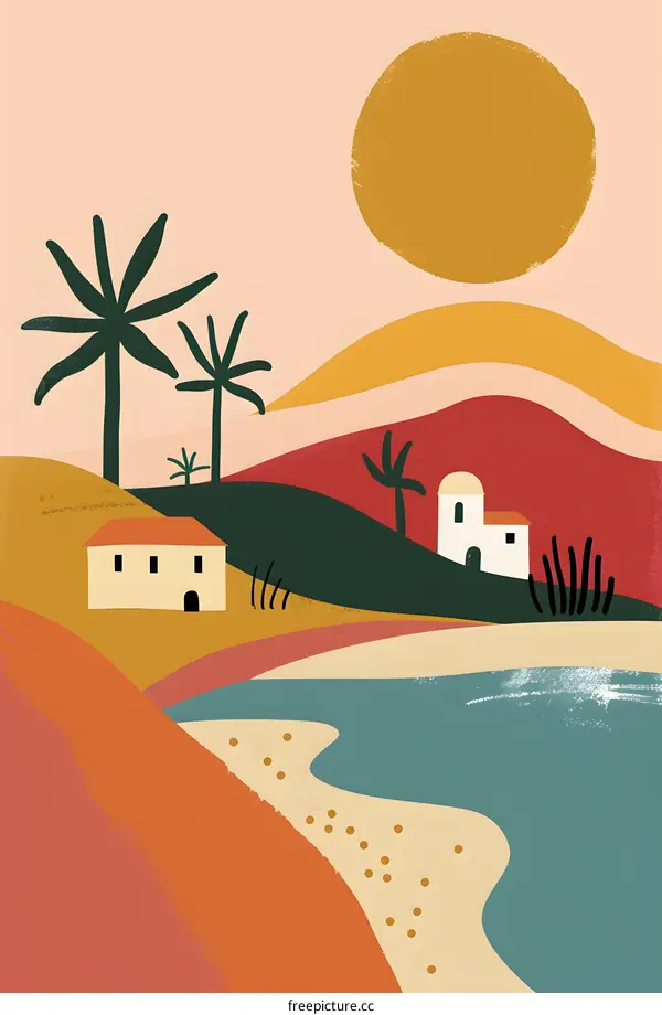 Abstract Palm Tree Landscape with Two Houses and a River