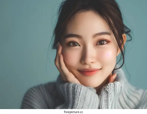 Portrait of a Smiling Asian Woman with  Grey Sweater