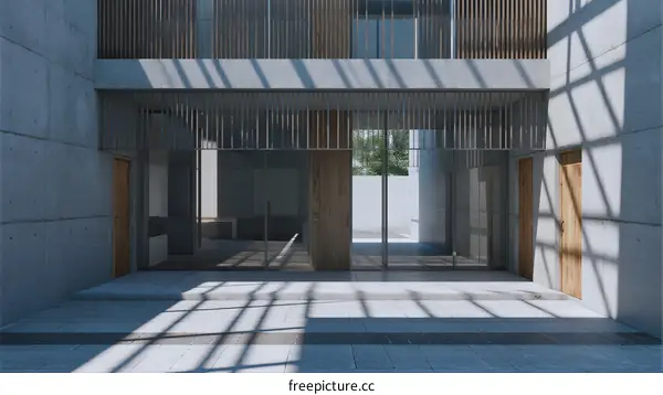 Modern minimalist building with large glass windows and wooden elements