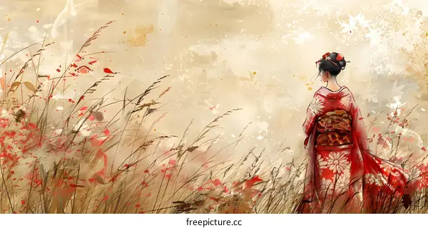 A woman in a red kimono standing in a field of tall grass