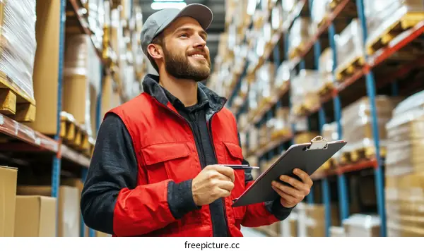 Warehouse Worker Checking Inventory in Distribution Center
