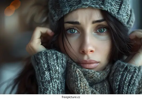 portrait of a beautiful woman in a gray knitted hat and scarf
