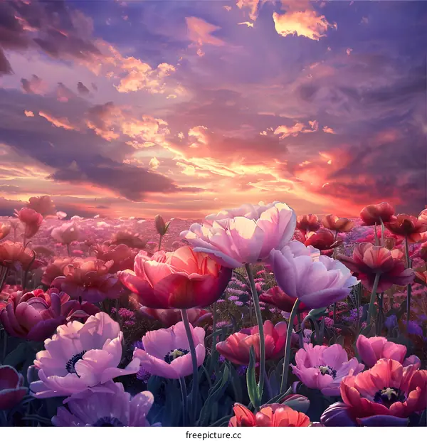 Beautiful Sunset Over Flower Field