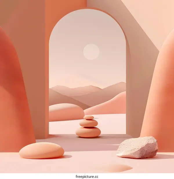 Abstract Minimalist Design with Pink and White Colors and a Stacked Rock in a Desert Landscape