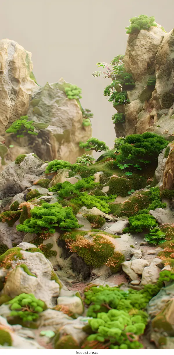 Green Mossy Rocks and Plants in a Digital Art Illustration