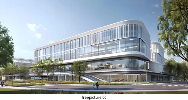 An illustration of a modern office building with a curved glass facade