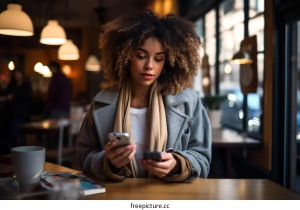 A young woman of African descent is sitting in a cafe looking at her phone