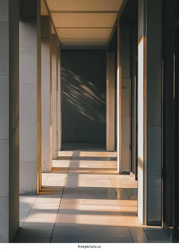 Sunlight Shining Through Columns in Modern Building