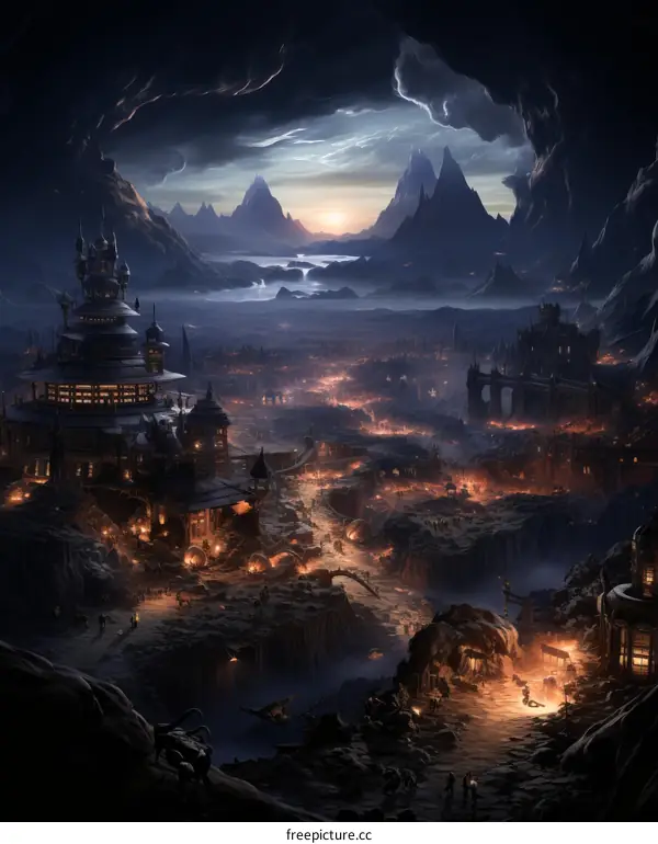 A dark fantasy city built in a volcanic crater