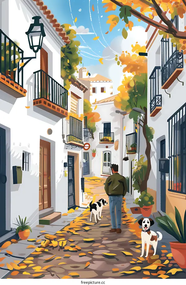 Man Walking With Two Dogs Through a European Alleyway