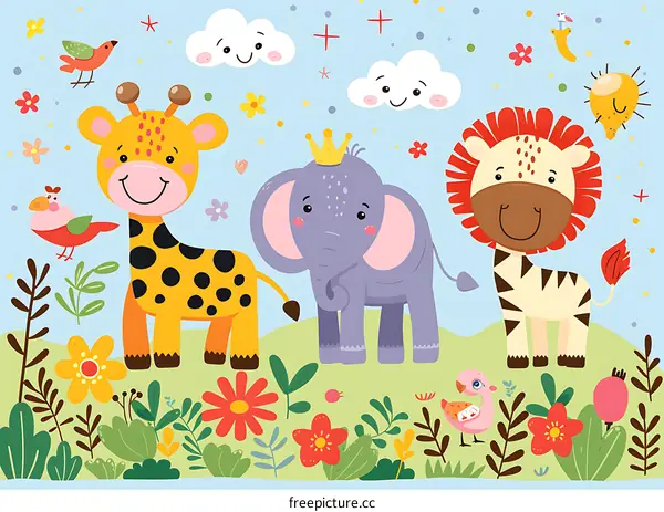 Cute Cartoon Animals in a Green Meadow with Flowers