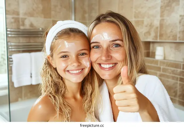 Mother and Daughter Enjoying Skin Care Routine in Bathroom