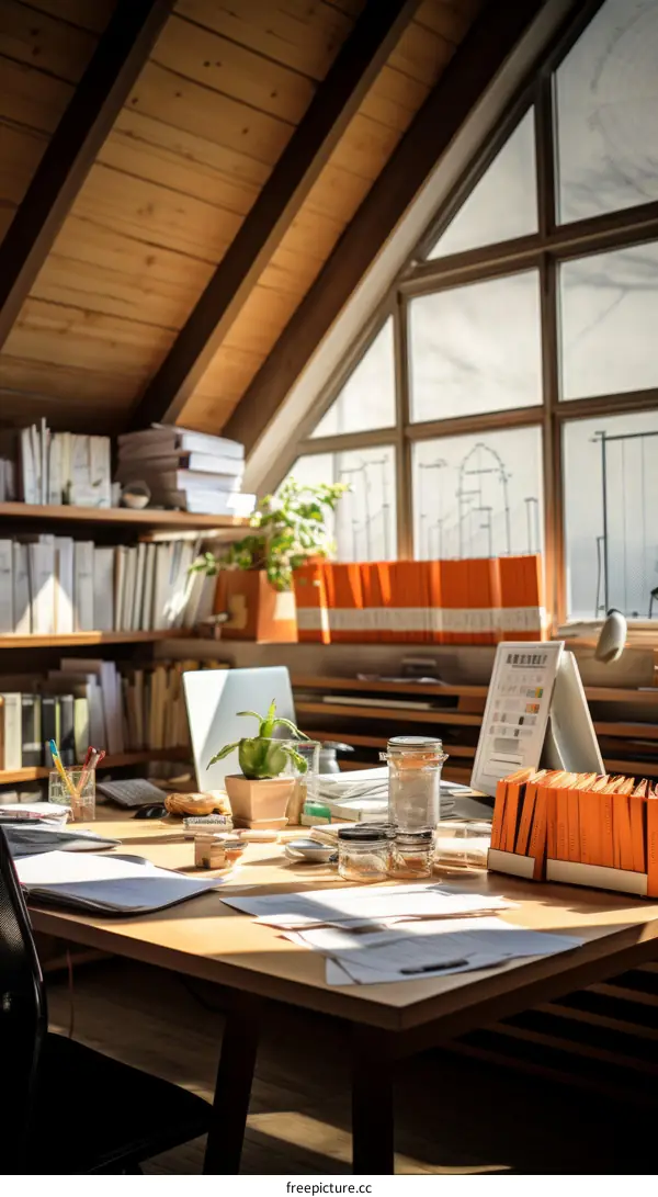 An attic home office with a large window and a wooden desk